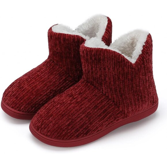Women's Winter Warm Fluffy Fur Lined Plush Red Bootie Slippers Shoes - Picture 1 of 7
